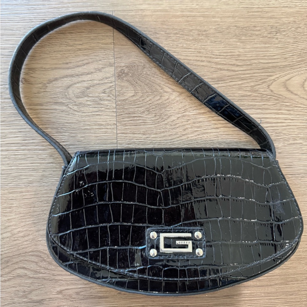 Guess Vintage Y2K Glossy Black Croc Embossed Patent Shoulder Baguette Purse